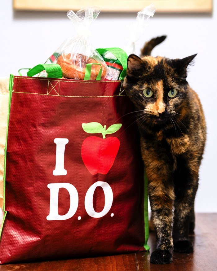 Delicious Orchards full tote and cat