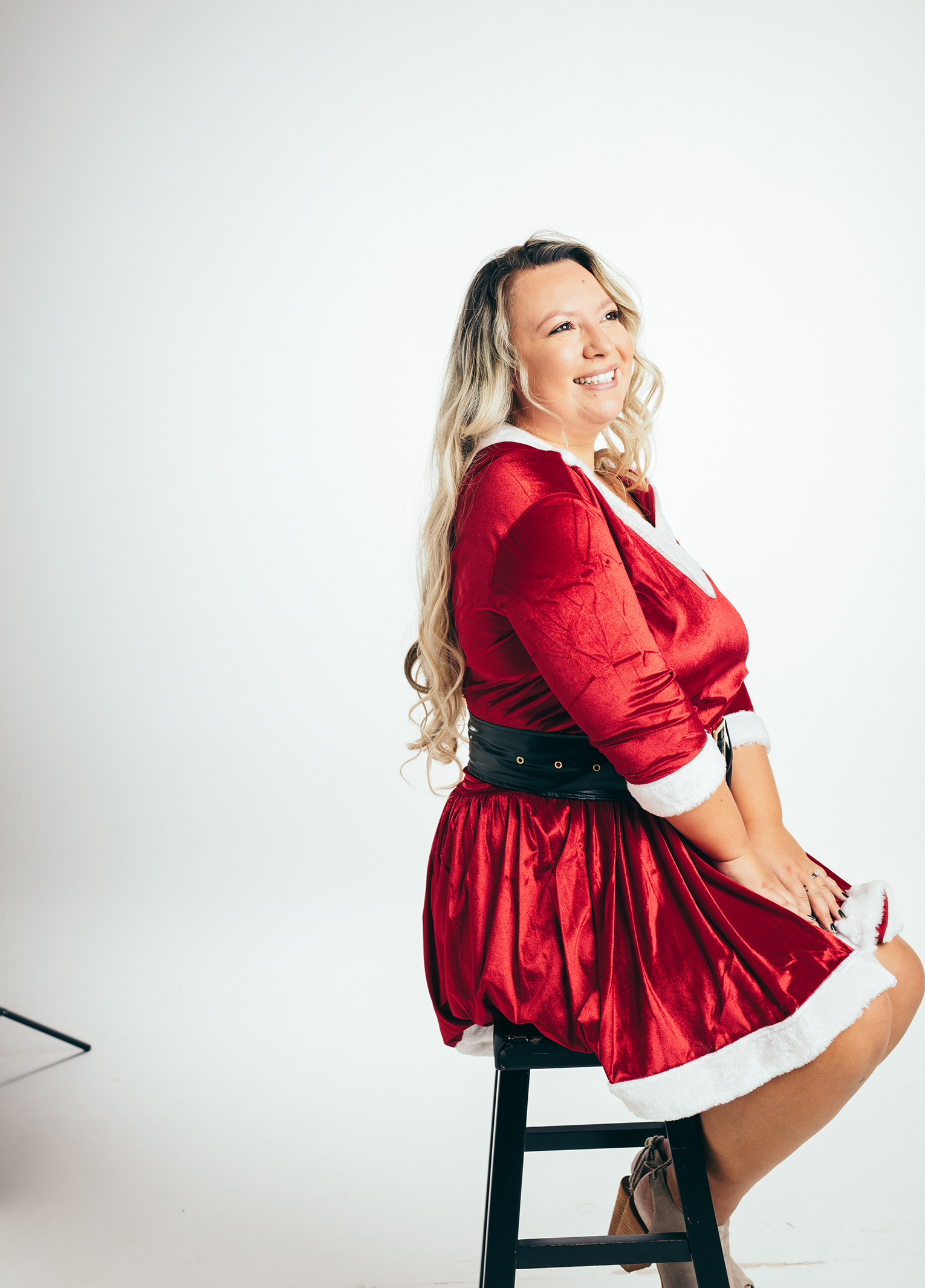 A woman in a red dress.