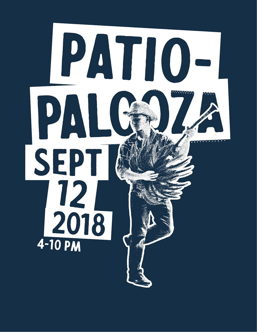 2018 Patio Palooza Monochrome poster design of cowboy playing a palm tree guitar